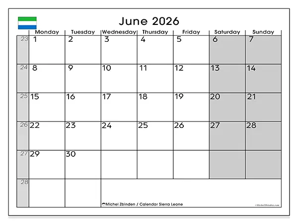 Printable June 2026 calendar - Sierra Leone