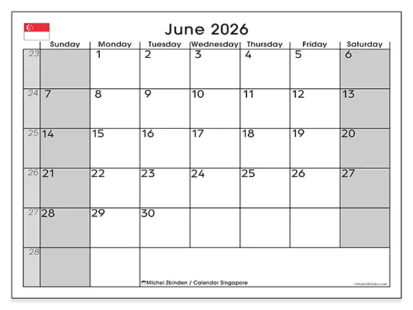 Printable June 2026 calendar - Singapore