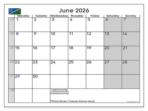 Printable June 2026 calendar - Solomon Islands