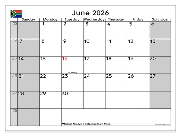 Printable June 2026 calendar - South Africa