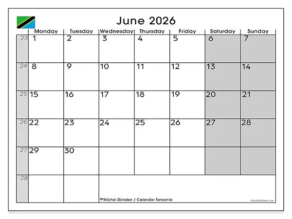 Printable June 2026 calendar - Tanzania