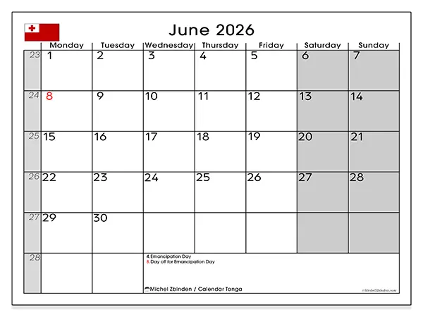 Printable June 2026 calendar - Tonga