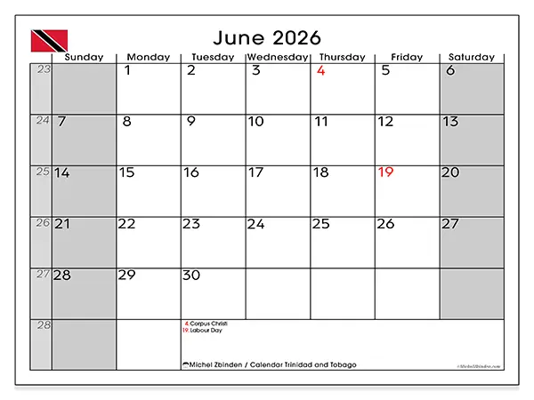 Printable June 2026 calendar - Trinidad and Tobago