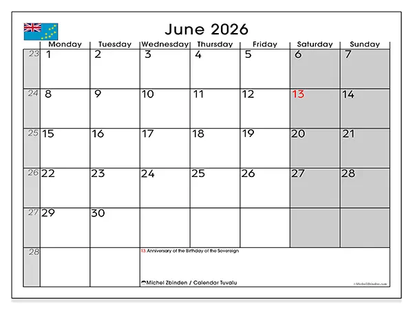 Printable June 2026 calendar - Tuvalu