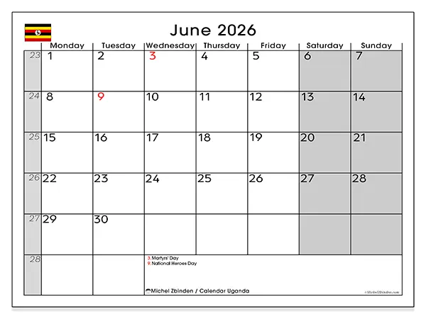 Printable June 2026 calendar - Uganda
