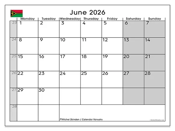 Printable June 2026 calendar - Vanuatu