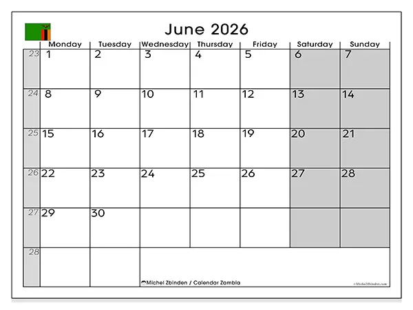 Printable June 2026 calendar - Zambia