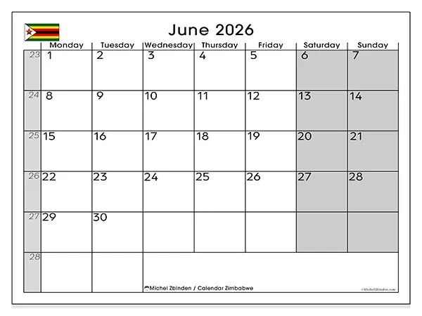 Printable June 2026 calendar - Zimbabwe
