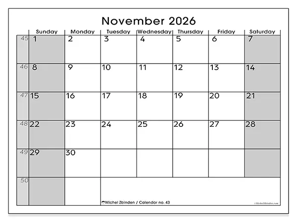 Printable November 2026 calendar - Perfect organization - Week from Sunday to Saturday