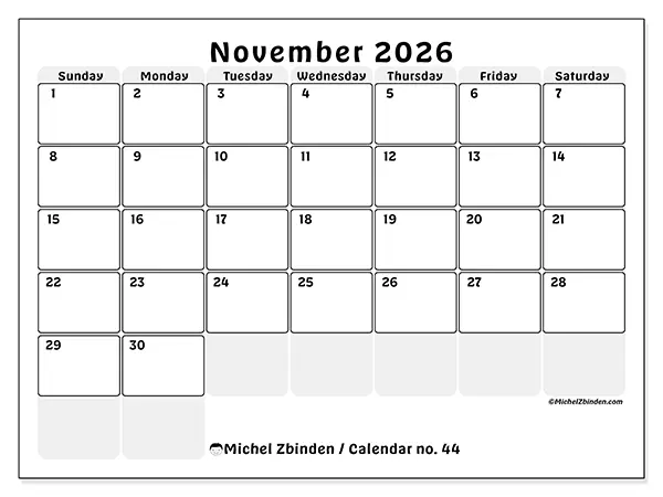 Printable November 2026 calendar - Structured planning - Week from Sunday to Saturday