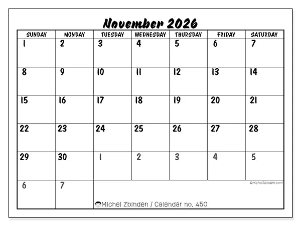Printable November 2026 calendar - Detailed organization - Week from Sunday to Saturday