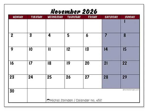 Printable November 2026 calendar - Colorful productivity