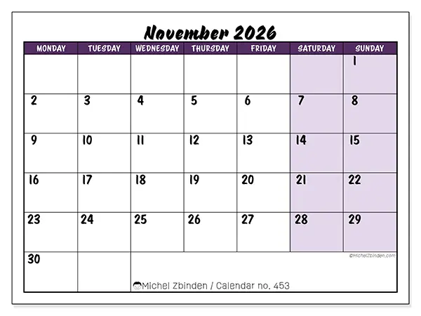 Printable November 2026 calendar - Colorful efficiency