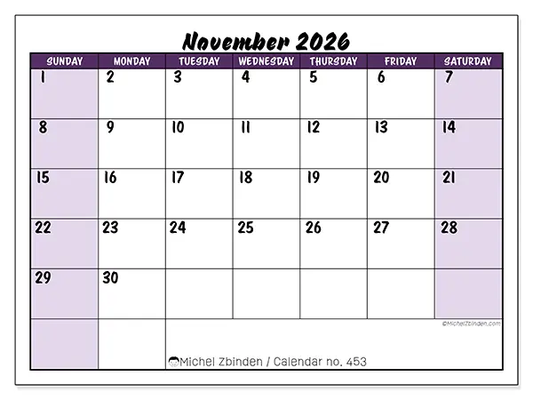 Printable November 2026 calendar - Colorful efficiency - Week from Sunday to Saturday
