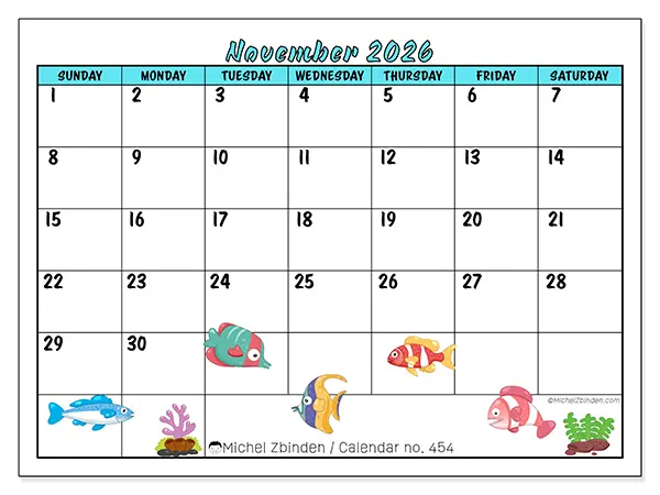 Printable November 2026 calendar - Colorful fish - Week from Sunday to Saturday