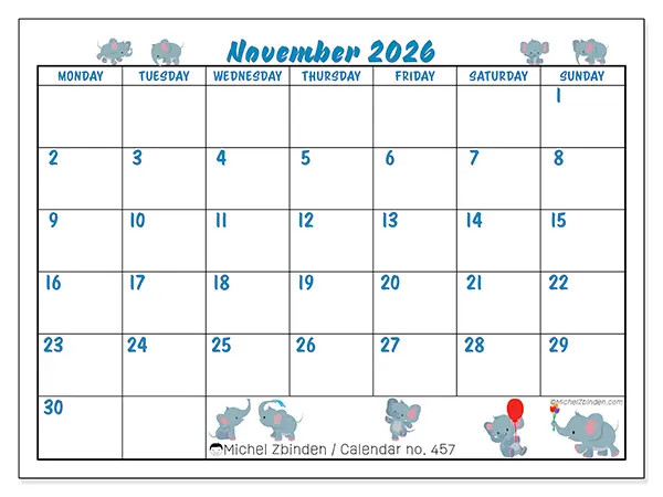 Printable November 2026 calendar - Little elephants