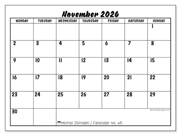 Printable November 2026 calendar - Academic success