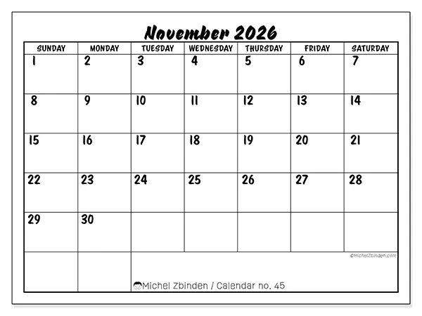 Printable November 2026 calendar - Academic success - Week from Sunday to Saturday