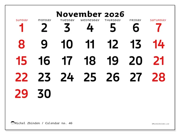 Printable November 2026 calendar - Clear vision - Week from Sunday to Saturday