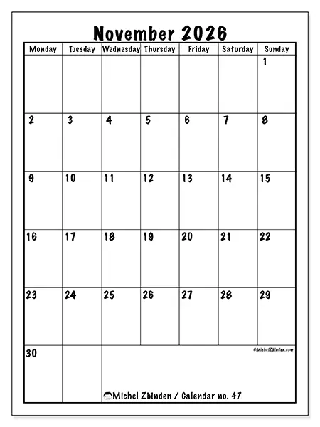 Printable November 2026 calendar - Efficient planning