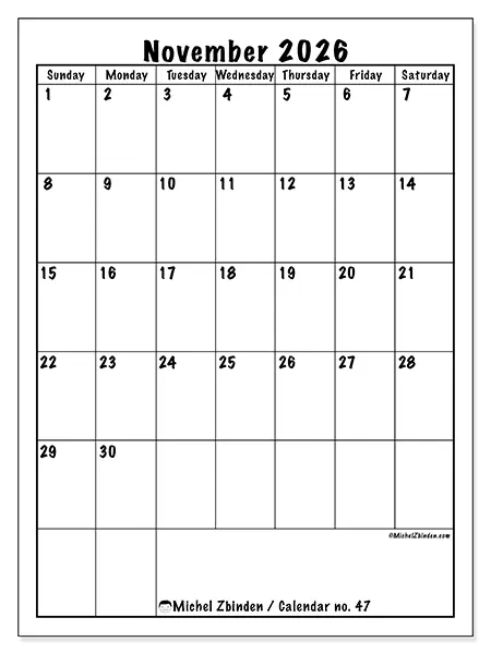 Printable November 2026 calendar - Efficient planning - Week from Sunday to Saturday
