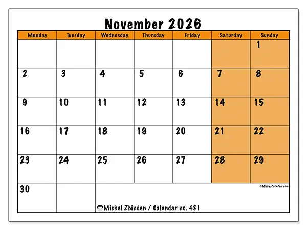 Printable November 2026 calendar - Dynamic planning