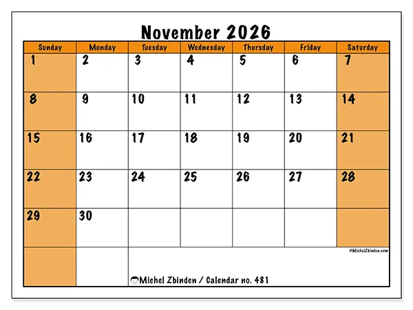 Printable November 2026 calendar - Dynamic planning - Week from Sunday to Saturday