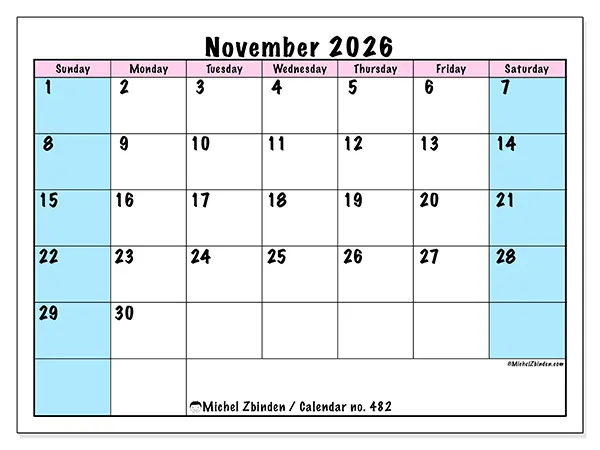Printable November 2026 calendar - Team schedule - Week from Sunday to Saturday