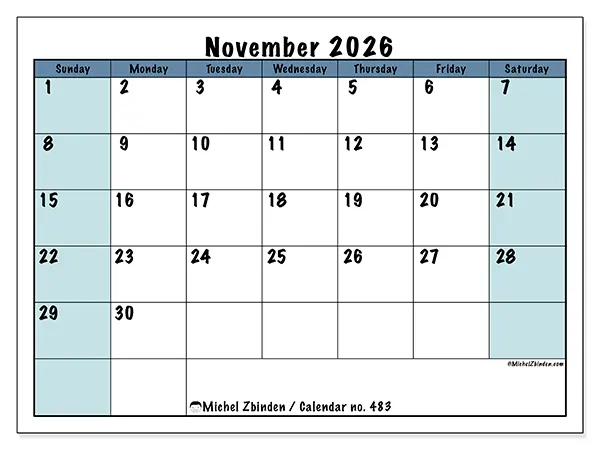 Printable November 2026 calendar - Structured for school - Week from Sunday to Saturday