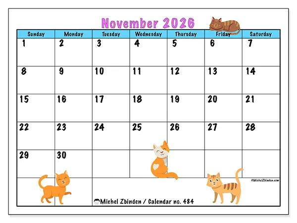 Printable November 2026 calendar - Love of cats - Week from Sunday to Saturday