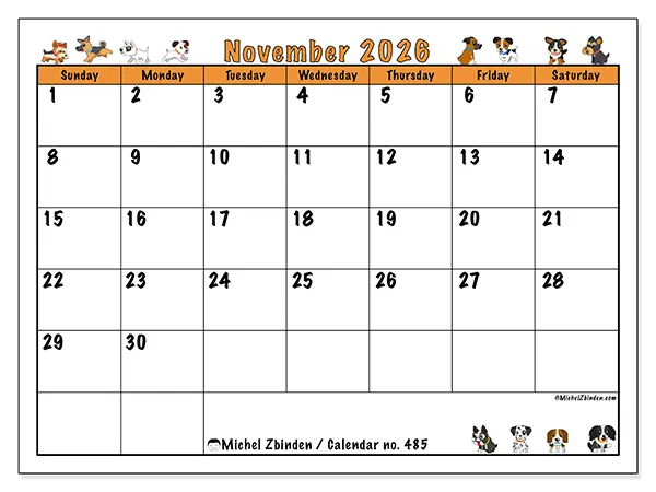 Printable November 2026 calendar - Enthusiastic dogs - Week from Sunday to Saturday