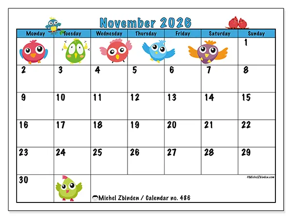 Printable November 2026 calendar - Funny birds
