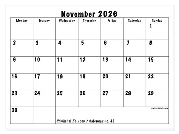 Printable November 2026 calendar - Daily efficiency