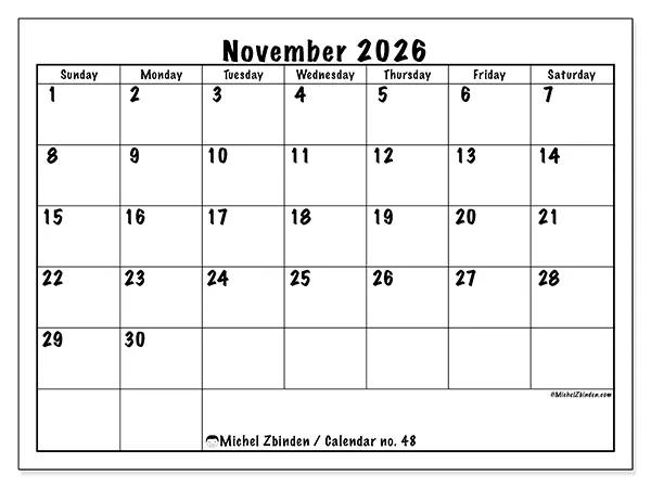 Printable November 2026 calendar - Daily efficiency - Week from Sunday to Saturday