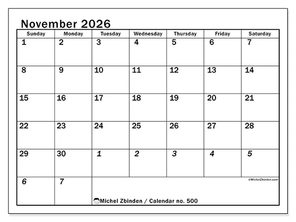 Printable November 2026 calendar - Intensive planning - Week from Sunday to Saturday