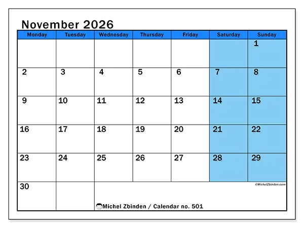 Printable November 2026 calendar - Dynamic studies