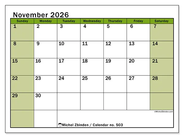 Printable November 2026 calendar - Lively organization - Week from Sunday to Saturday