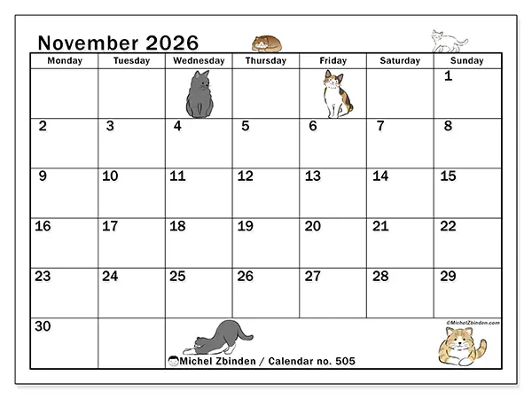 Printable November 2026 calendar - Cat life