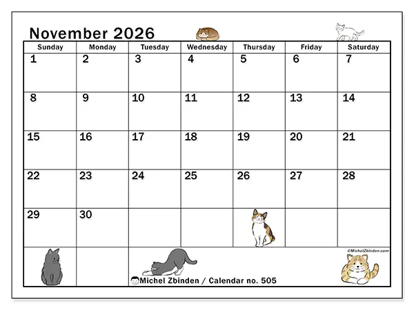 Printable November 2026 calendar - Cat life - Week from Sunday to Saturday