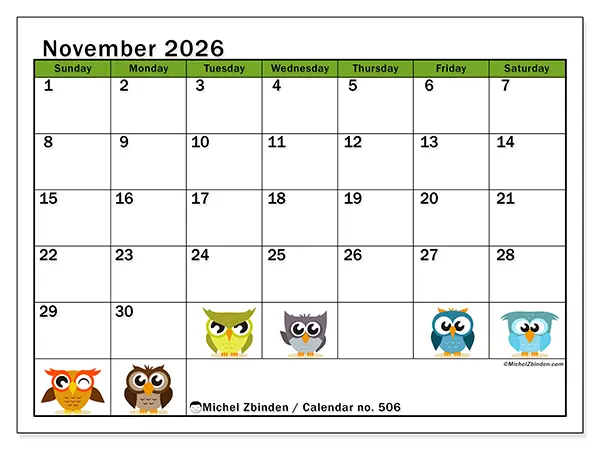 Printable November 2026 calendar - Funny owls - Week from Sunday to Saturday