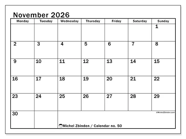 Printable November 2026 calendar - Optimal planning