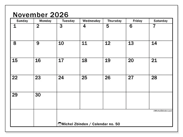 Printable November 2026 calendar - Optimal planning - Week from Sunday to Saturday