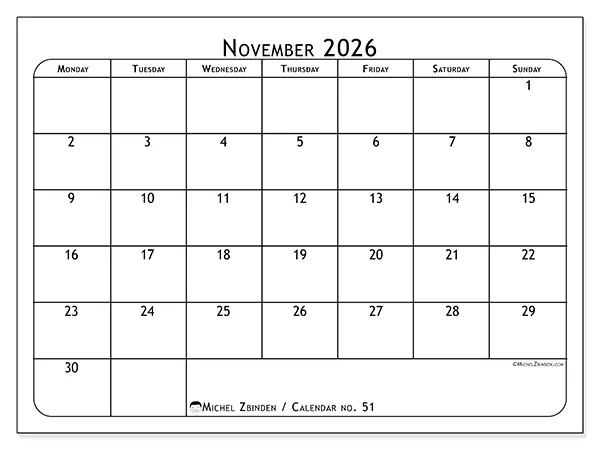Printable November 2026 calendar - Meal planner