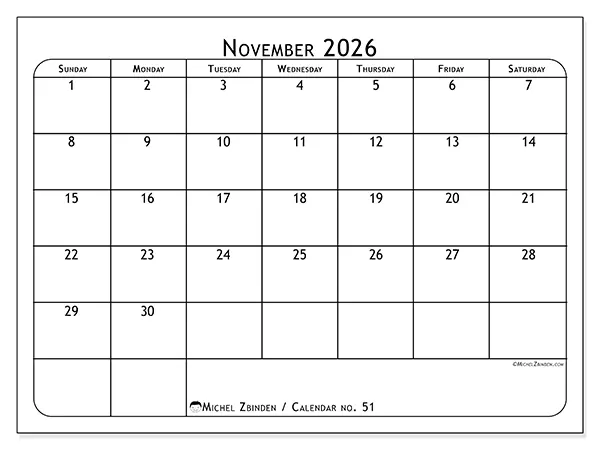 Printable November 2026 calendar - Meal planner - Week from Sunday to Saturday