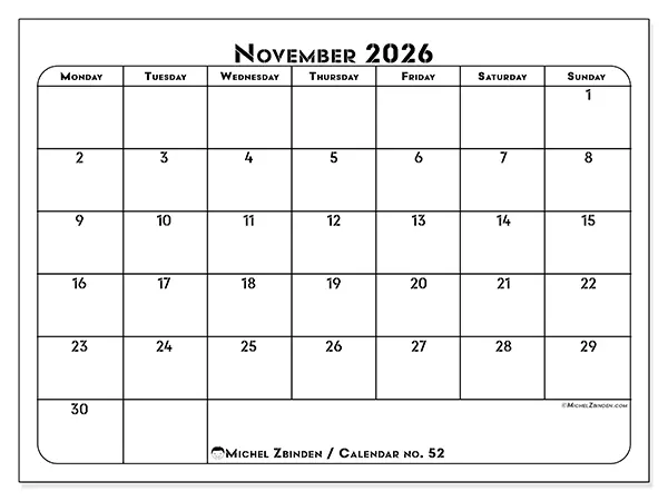 Printable November 2026 calendar - Professional organization