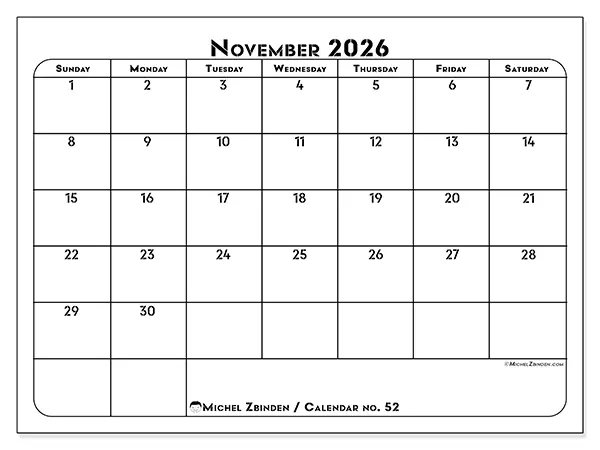 Printable November 2026 calendar - Professional organization - Week from Sunday to Saturday