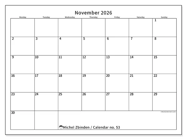 Printable November 2026 calendar - Efficient schedule