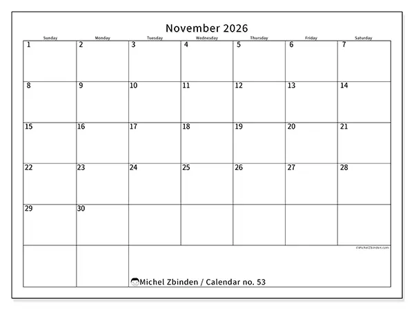 Printable November 2026 calendar - Efficient schedule - Week from Sunday to Saturday