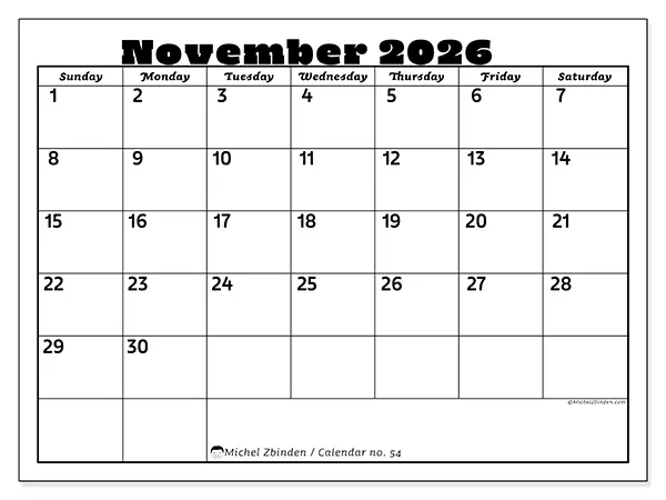 Printable November 2026 calendar - Family activities - Week from Sunday to Saturday