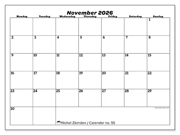 Printable November 2026 calendar - Leisure organization